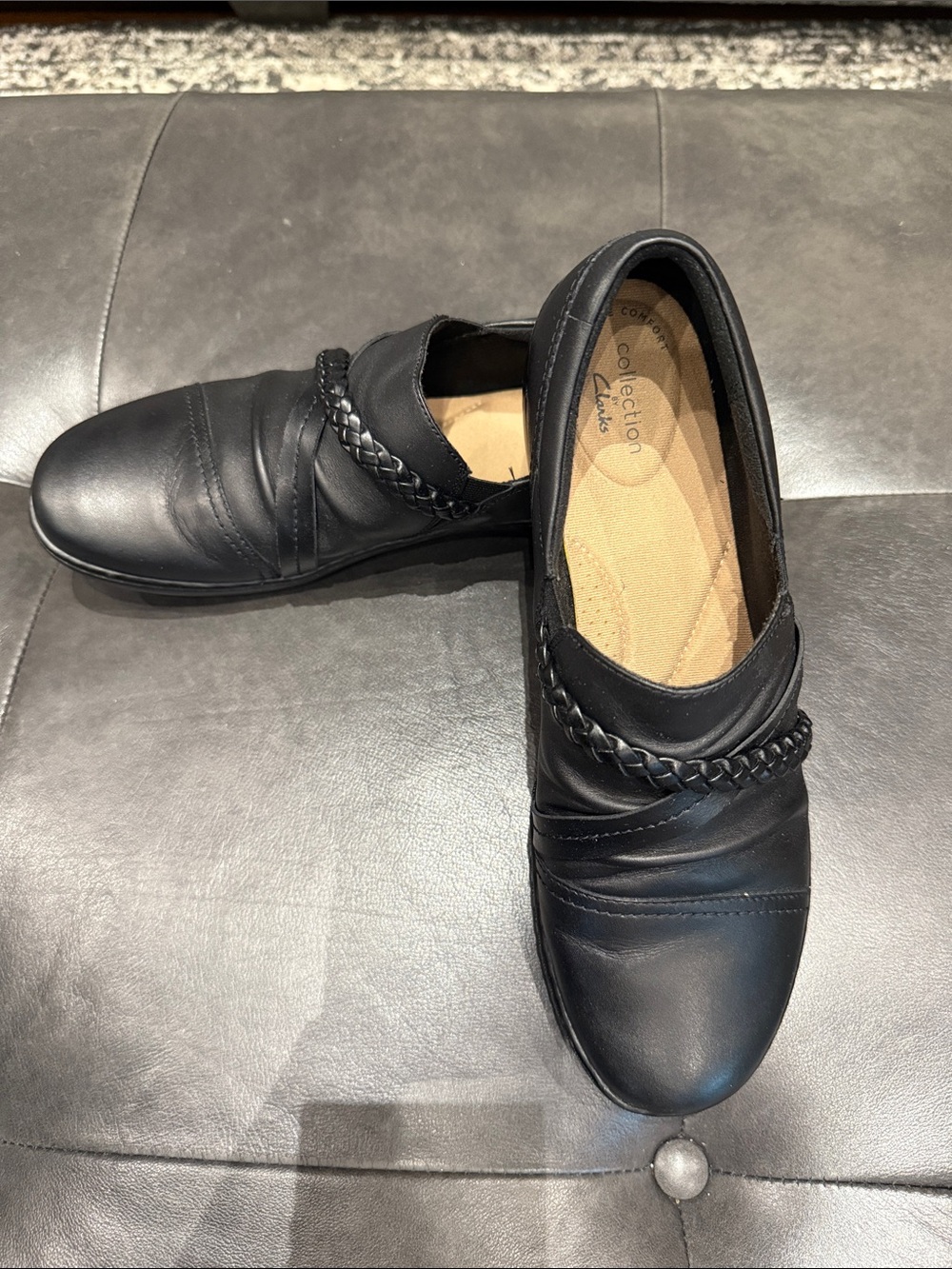 Clarks Cora Braid Black Genuine Leather Slip-On Loafers Women’s Size 10N